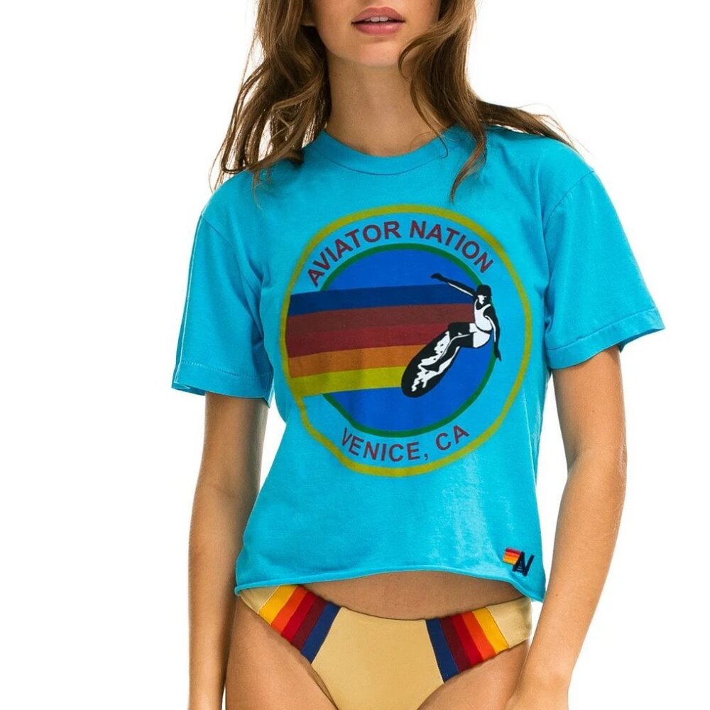 Aviator Nation Blue Tee with Rainbow Logo